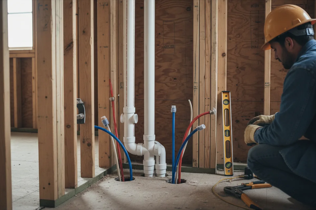 Drain and supply rough-in during Leak Detection in White Cottage