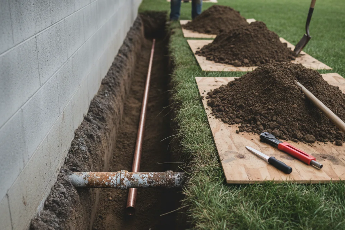 Excavated water line trench during Water Softener Installation in White Cottage